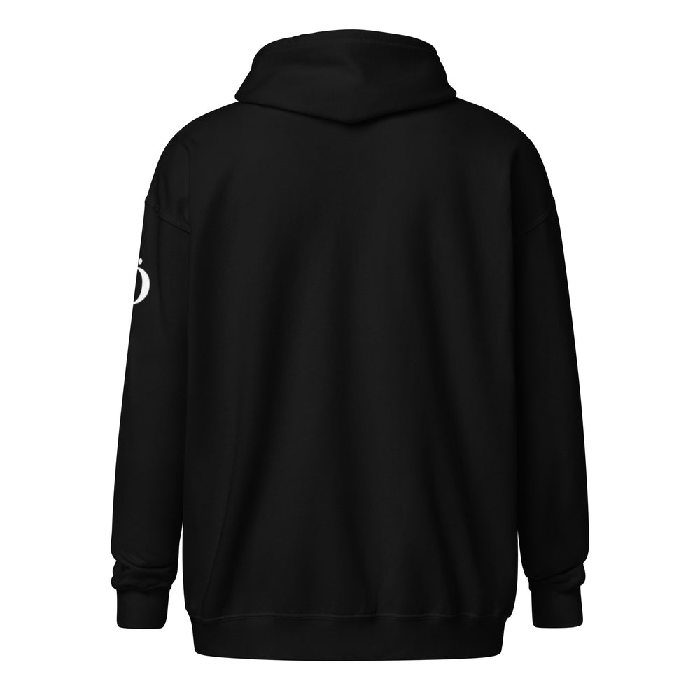 Unisex zip hoodie in black, featuring a bold design and relaxed fit for streetwear styling.