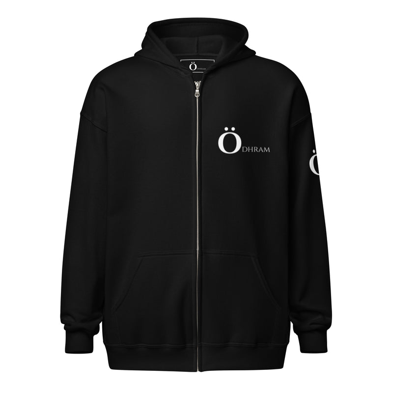 Unisex zip hoodie in black, featuring a bold design and relaxed fit for streetwear styling.